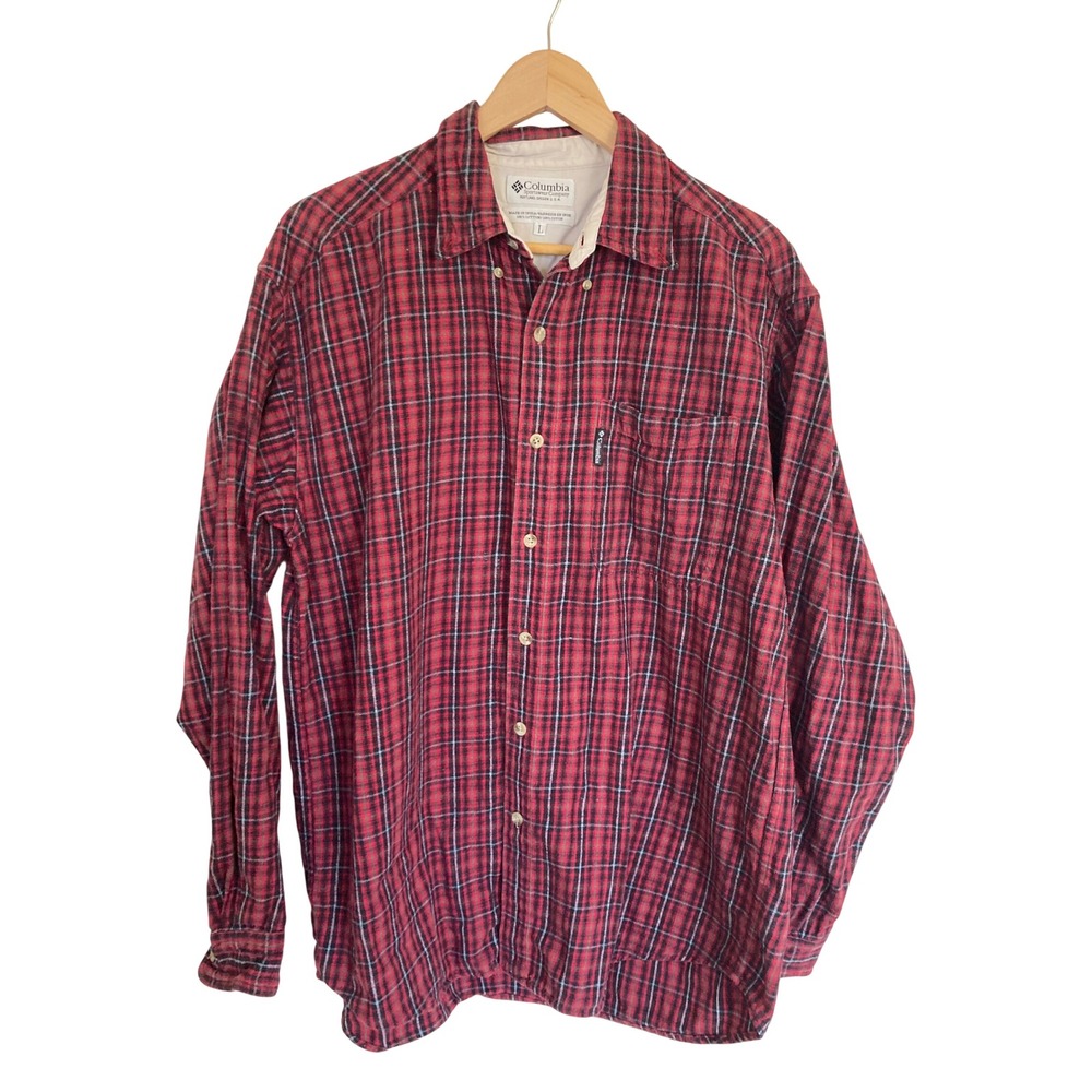 Columbia Sportswear Mens Red Black Plaid Flannel Button Down Shirt Large L
